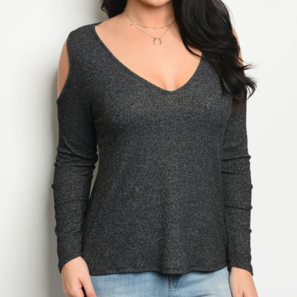Tops - ☺ Plus Charcoal Ribbed Cold Shoulder Top